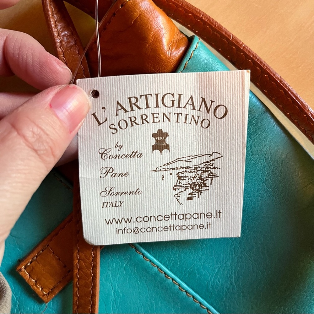 L' Artigiano Sorrentino Genuine Leather Crossbody Purse Teal & Tan NWT - Picture 7 of 8